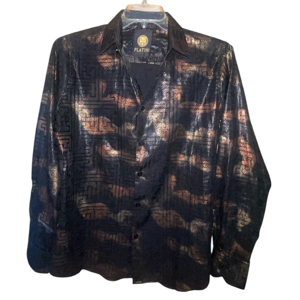 Platini black/bronze foiled Metallic button down shirt. Size medium GUC - Picture 4 of 10